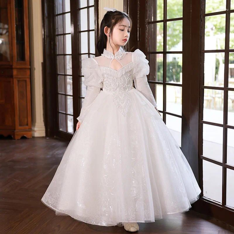 Girl Dresses Fancy Flower Long White Dress Children Show Performance Kids Sequins Luxury Gowns Girls Elegant Prom Vestidos