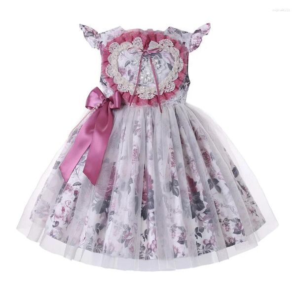 Robes de fille robe de princesse fantaisie pour filles manches fleur vacances avec décoration grand coeur