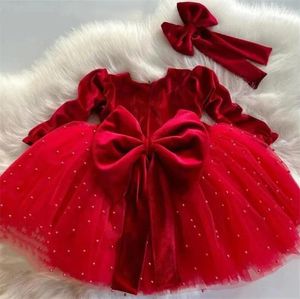 Robes de fille fantaisie rouge bébé robe velours haut perles grand arc enfants manches longues fête anniversaire de célébrité avec noeud de tête