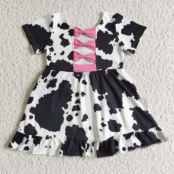 Vestidos de niña con estampado de vaca de granja, vestido giratorio para niños, manga corta, lazo rosa, boutique de moda, ropa de bebé, venta al por mayor, ropa para niños pequeños