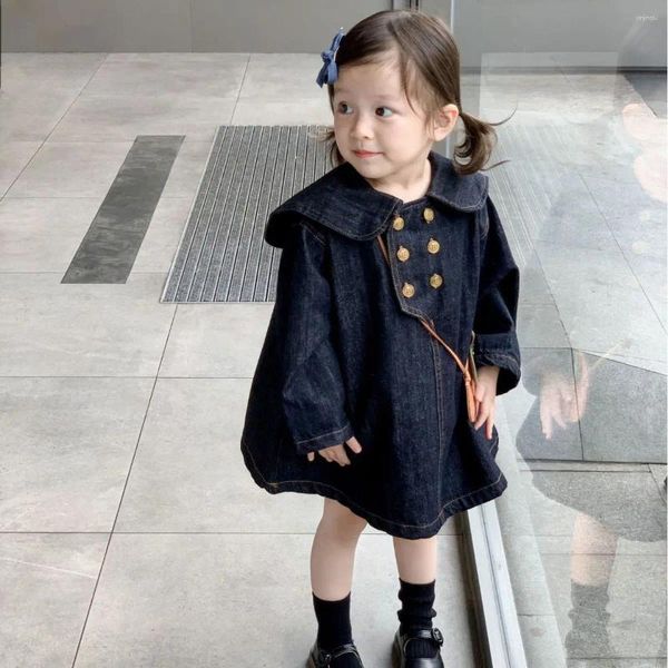 Robes d'automne en Denim noir pour filles, col rabattu, longueur aux genoux, pull à Double boutonnage, chemises