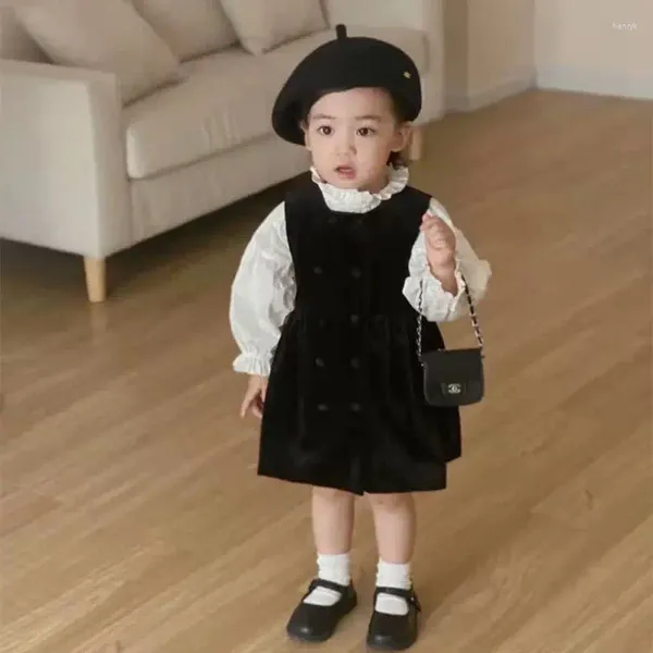 Robes de fille mode bébé vêtements chemise blanche et gilet robe infantile enfant en bas âge enfant Blouse école velours pull vêtements