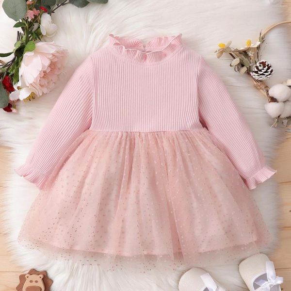 Robes de fille à la mode née bébé bébé filles couleurs solides tricotées à manches longues princesse robe de fête en maille en tulle tenues vêtements # g4