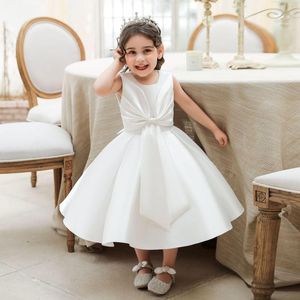 Vestidos de niña, vestido de bebé blanco satinado con lazo a la moda, fiesta de cumpleaños para niñas pequeñas, ropa para nacer, bata infantil de 1 a 2 años