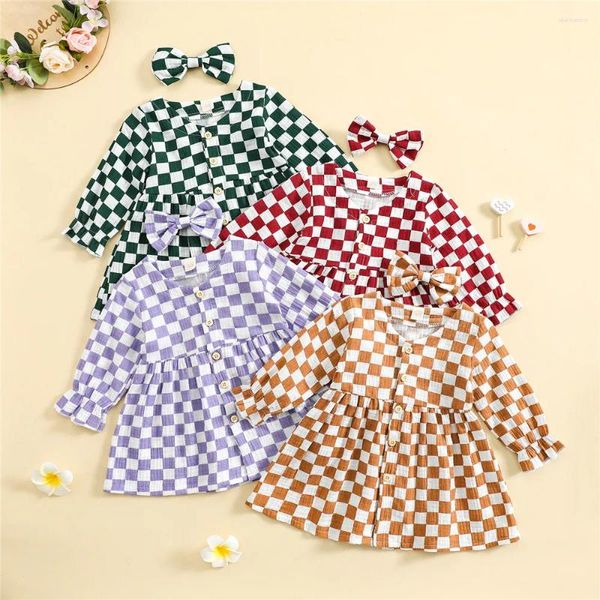 Robes de fille Mode enfants robe vêtements pour enfants filles damier imprimé bouton à manches longues coton lin a-ligne épingle à cheveux Costume