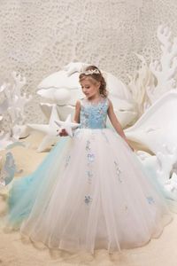 Robes de fille mode ivoire Turquoise fleur longues Appliques anniversaire fête de mariage Tulle sans manches robe de Communion formelle