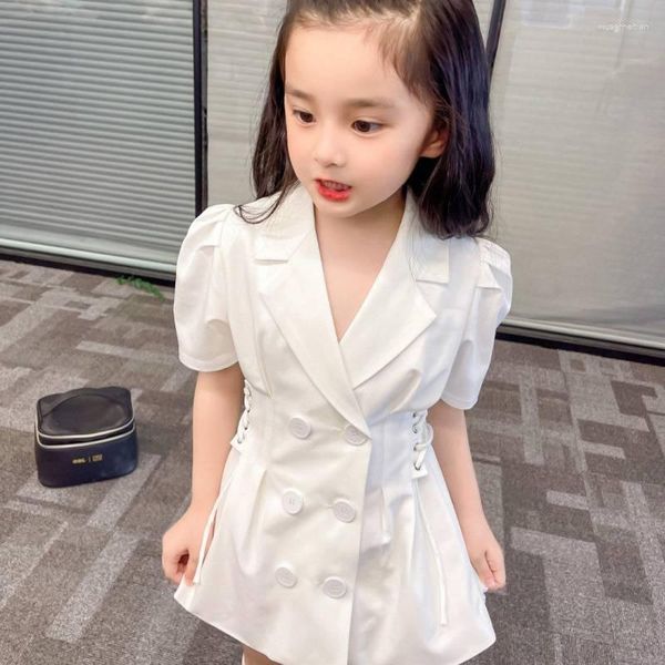 Vestidos de niña Moda Niños Blazer Vestido Manga corta Doble botonadura con cordones Mini 2023 Ropa de boutique para niños