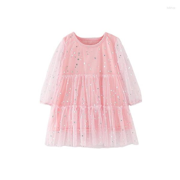 Vestidos de niña, vestido informal rosa a la moda para niñas, primavera otoño, ropa de algodón de manga larga para niños con estrellas doradas brillantes