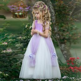Meisje jurken mode prinses tulle kind 3d bloem pet mouwen paarse vestido kleding bruiloft feestjurken verjaardagsjurken