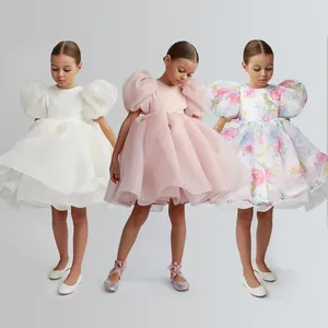 Meisje Jurken Mode Prinses Vintage Jurk Tule Kind Vestido Bladerdeeg Mouw Roze Bruiloft Verjaardag Tutu Kleding 1-10Y