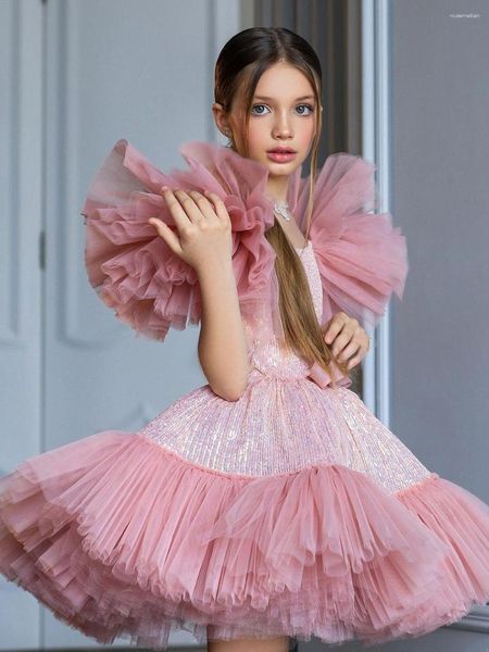 Robes de fille mode Tulle paillettes manches feuille de Lotus princesse robe à fleurs fête de mariage bal première Communion rêve enfants cadeau