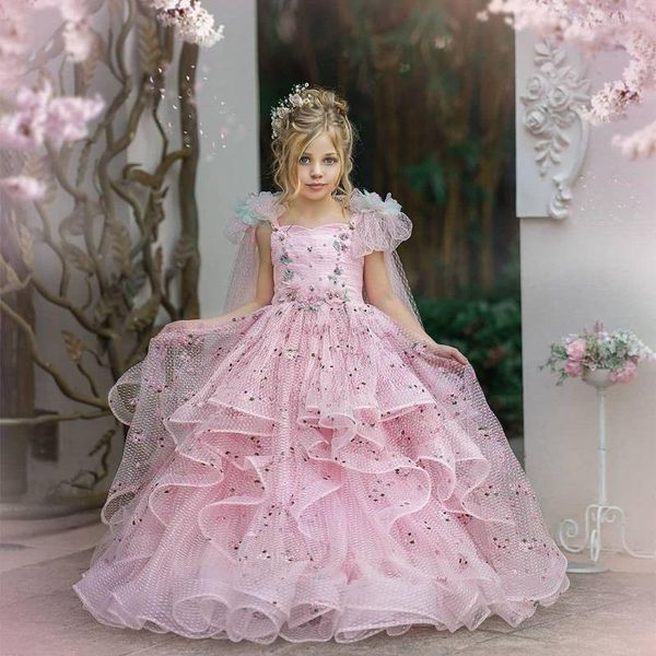 Robes de fille FATAPAESE brodé rose Cosmos fleurs d'organza sauvages robe florale jupe en maille à lacets dos croisé robe de fête de mariage