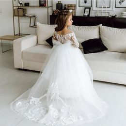Robes de fille FATAPAESE blanc enfants robe de demoiselle d'honneur pour les filles fleur à manches longues dentelle florale tulle une robe de ligne appliques mariage même 2022