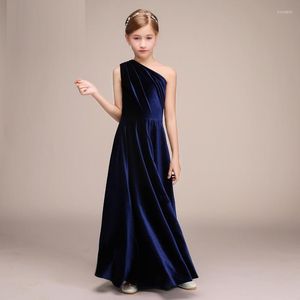 Girl -jurken vrouwelijke kinderen elegant fluweel een schouder lange rok avond hosting piano catwalk ceremonie uitvoering bloem