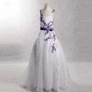 Meisjesjurken FG19 Echte foto's Yiaibridal Purple Appliques White Organza Een lijn trouwjurk voor kinderen