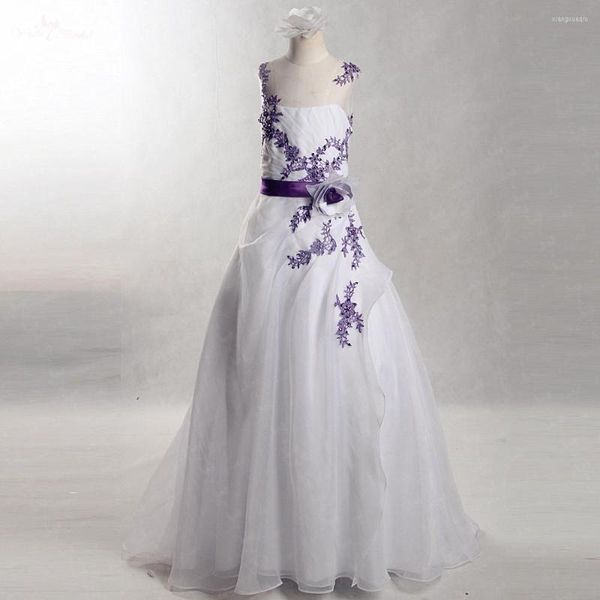 Robes de fille FG19 photos réelles Yiaimariée violet Appliques blanc Organza une ligne robe de mariée pour les enfants