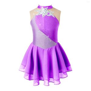 Robes de fille robe de justaucorps de patinage artistique filles enfant strass paillettes florales sans manches gymnastique salle de bal Costume de danse de ballet