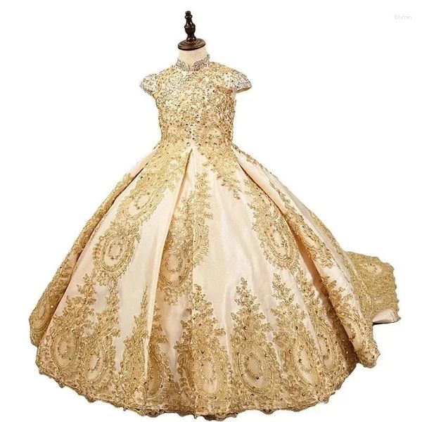 Robes de fille robe de première communion en dentelle dorée fleur exquise ligne a longueur au sol grande queue enfants enfants fête d'anniversaire de mariage