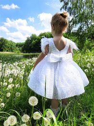 Fille Robes Première Communion Sans Manches Paillettes Bowknot Décoration Princesse Fleur Robe De Noce Balle Rêve Enfants Cadeau