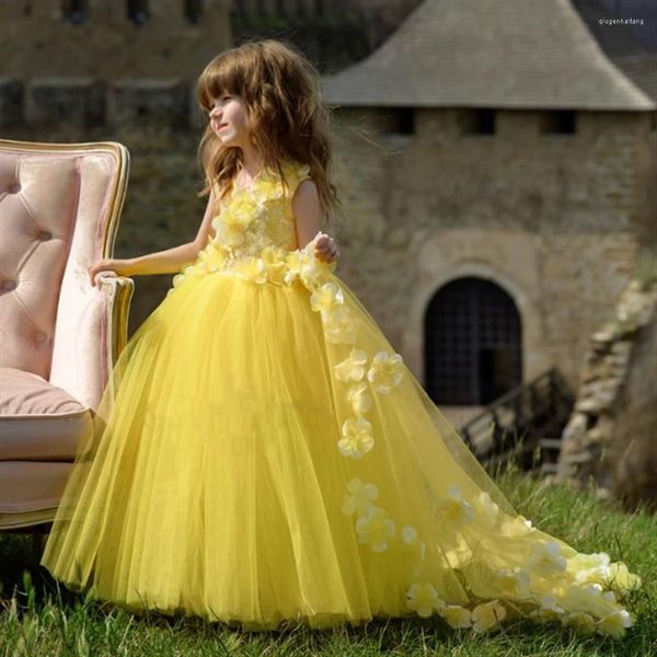 Fille Robes Première Communion Tulle Pétale Décoration Sans Manches Fleur Princesse Robe Beauté Pageant De Noce Fantaisie Enfants