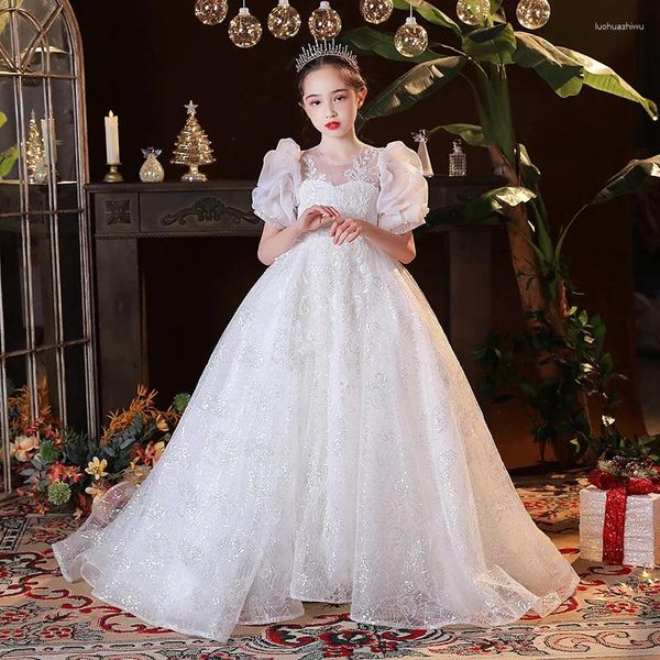 Vestidos de niña, vestido de princesa con cola hasta el suelo, vestido de noche Formal para adolescentes, vestido de fiesta blanco para ceremonia, comunión, tutú de flores largo