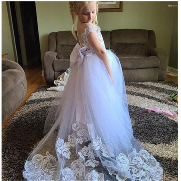 Robes de fille fleur perlée longue à manches courtes petits enfants fête d'anniversaire une ligne robe de première Communion