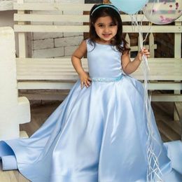 Robes de fille fleur bleu Satin Simple dos nu petit enfant robe de bal pour mariage première Communion robes de reconstitution historique anniversaire