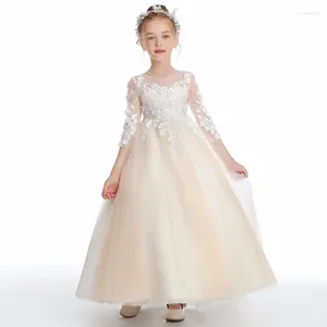 Robes de fille fleur Champagne Tulle 3D Appliques fleurs 3/4 manches pour mariage fête d'anniversaire robes de première Communion