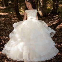 Robe à fleurs pour filles, couleur Champagne, en Tulle, sans manches, avec ceinture à nœud, élégante, pour mariage, anniversaire, fête eucharistique, anniversaire d'enfant