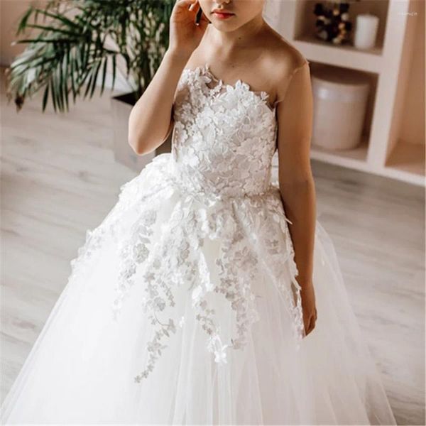 Vestidos de niña vestido de flores para niña de boda 2023 tul encaje blanco marfil sin mangas bata de primera comunión princesa niña