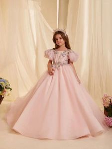Robes de fille robe à fleurs pour mariage rose Tulle appliques à manches courtes bouffante nœud élégant enfant première fête d'anniversaire eucharistique