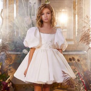 Robes de fille robe de fleur pour le mariage blanc satin sequin bouffant manches courtes bébé enfants fête d'anniversaire première robe de bal de communion