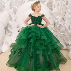 Vestidos de niña Vestido de flores Capas verdes Tul esponjoso Boda con cuentas Elegante Niño pequeño Primera celebración eucarística