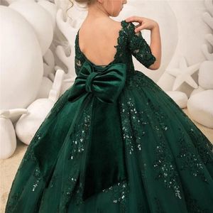 Robes de fille robe à fleurs vert Tulle dentelle longue demi manches paillettes nœud ceinture mariage enfant anniversaire Communion