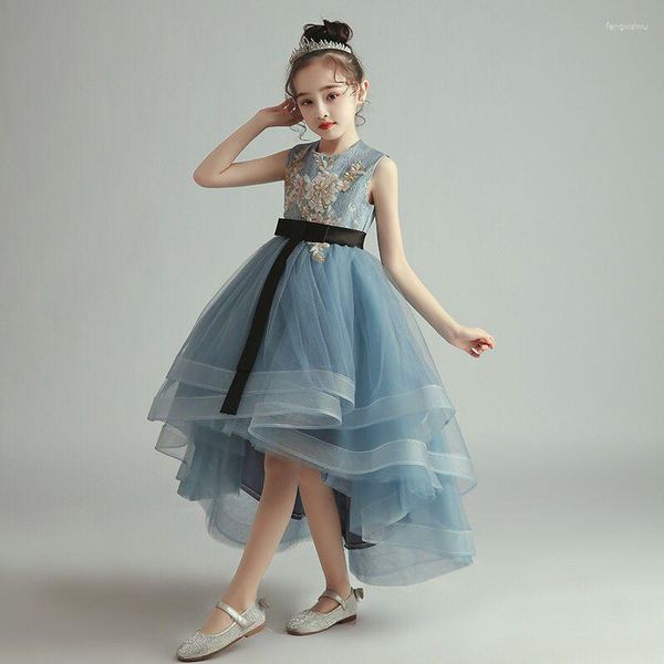 Robes de fille Robe de fleur Illusion O-cou sans manches bébé bleu paillettes broderie princesse genou-longueur tulle dentelle enfants robe de fête H384