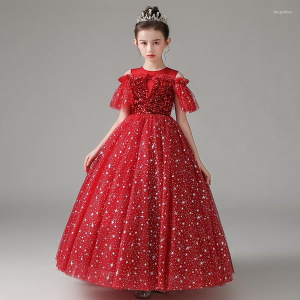 Robes de fille robe de fleur Illusion O-cou pailleté princesse longueur au sol Tulle dentelle courte bordeaux hors de l'épaule robe de soirée pour enfants H230