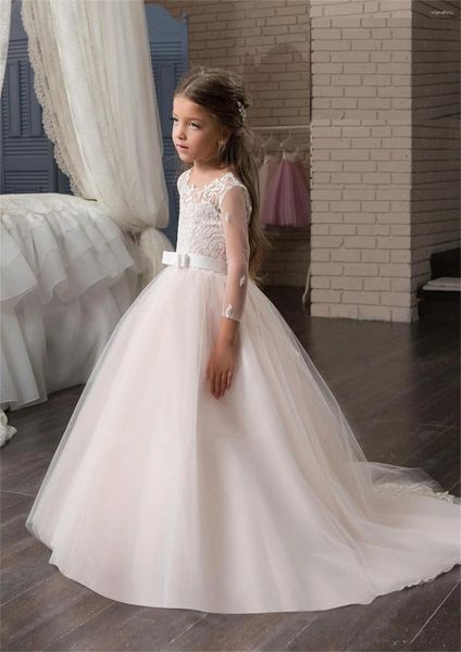 Robes à fleurs pour filles, rose clair, en Tulle pelucheux, avec ceinture à nœud en dentelle, cadeau de mariage pour enfant, première fête d'anniversaire eucharistique