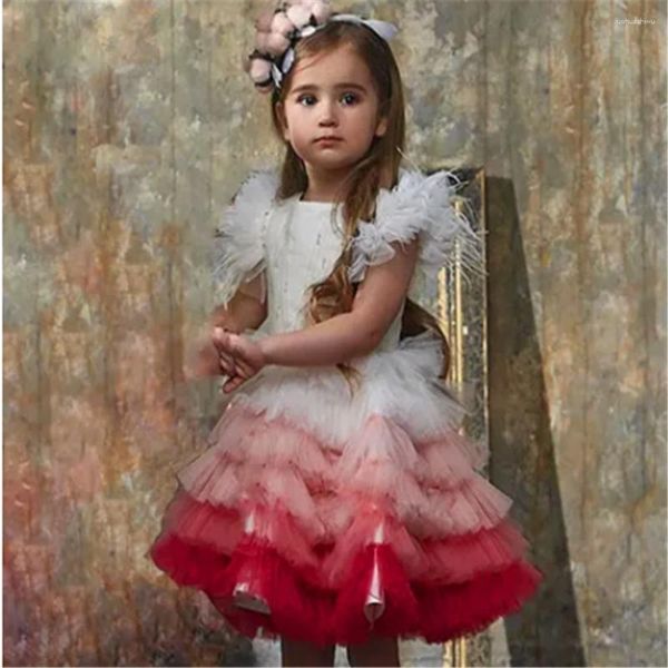 Robes de fille robe à fleurs belle manches courtes Tulle dentelle couches princesse balle première Communion enfants Surprise cadeau d'anniversaire