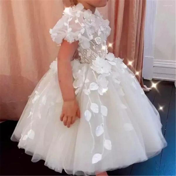 Robes de fille robe à fleurs belle manches courtes Tulle dentelle décalcomanie princesse balle première Communion enfants Surprise cadeau d'anniversaire