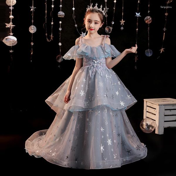 Fille Robes Fleur Robe De L'épaule Perles Broderie Paillettes Appliques Bretelles Spaghetti Princesse Dentelle Tulle Robe De Fête D'enfant H204