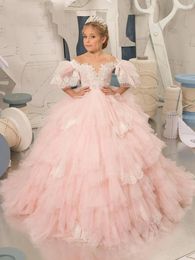 Robes de fille robe à fleurs rose moelleux couches manches à bulles Applique mariage petits enfants sainte Communion bal