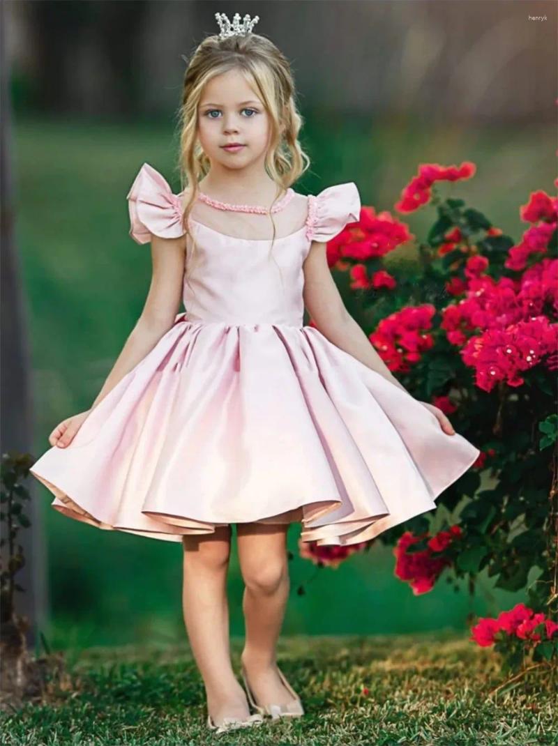 Girl Dresses Flower Dress Pink Short Skirt Satin Lotus Leaf Sleeve Wedding Cute Little Child First Communion Party