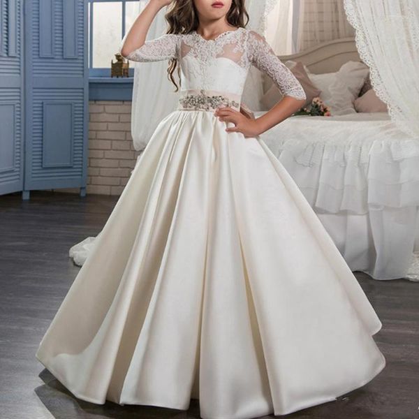 Robes de fille robe à fleurs en Satin dentelle imprimé nœud princesse ange première Communion mariage danse fête rêve enfants cadeau