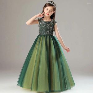 Robes de fille robe de fleur de mariage junior demoiselle d'honneur paillettes jupe sans manches filles robe de concours longueur de plancher bal vert 4-15T