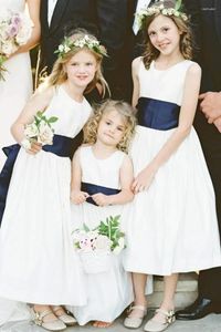 Meisjesjurken Bloemenjurk Witte A-lijn met marineblauw lint Strik Mouwloos Pasvorm Bruiloft Verjaardag Eerste communiejurken