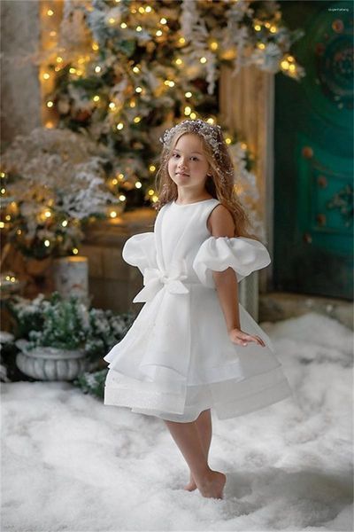 Robes de fille robe à fleurs bulle blanche à manches courtes ceinture à nœud mariage mignon petit enfant première fête de célébration eucharistique