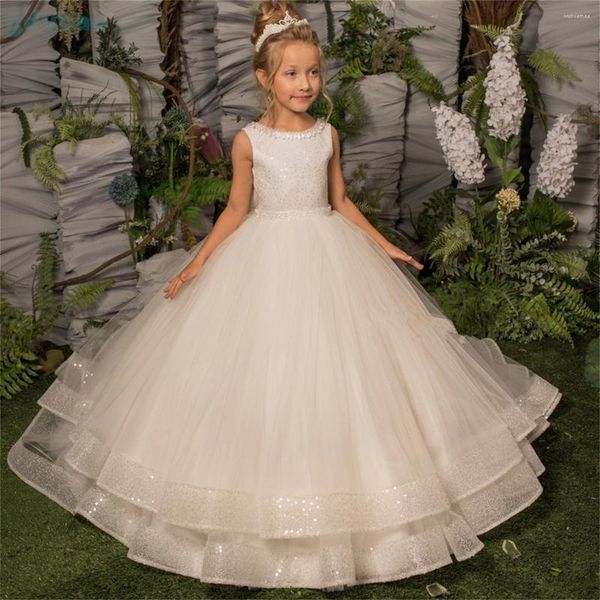 Vestidos de niña vestido de flores blanco esponjoso tul en capas brillante boda elegante primera fiesta de cumpleaños eucarística del niño