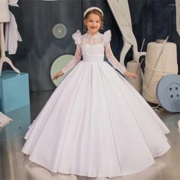 Robes de fille robe à fleurs blanc moelleux Satin dentelle à manches longues étincelle mariage élégant enfant première Communion fête princesse