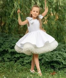 Robes de fille robe à fleurs blanc moelleux tache noeud appliqué mariage élégant première fête d'anniversaire eucharistique de l'enfant