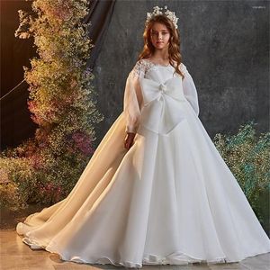 Robes de fille Robe à fleurs Blanc Fluffy Tulle Dentelle Big Bow Décoré Mariage Élégant Petite Princesse Eucharistie Célébration Fête